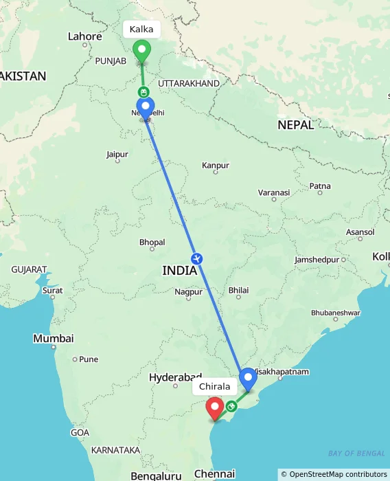 Route map showing distance and travel time from Kalka, India to Chirala, India