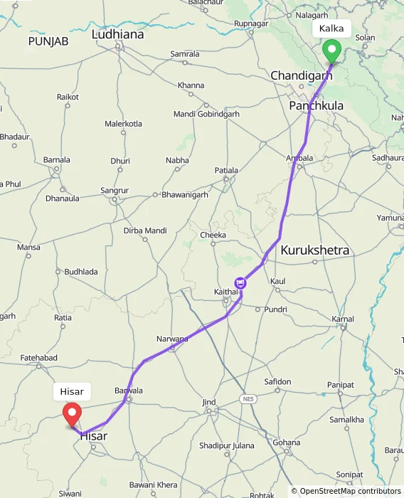 Route map showing distance and travel time from Kalka, India to Hisar, India