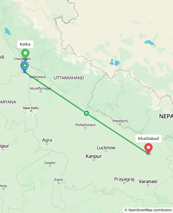 Route map showing distance and travel time from Kalka, India to Khalilabad, India