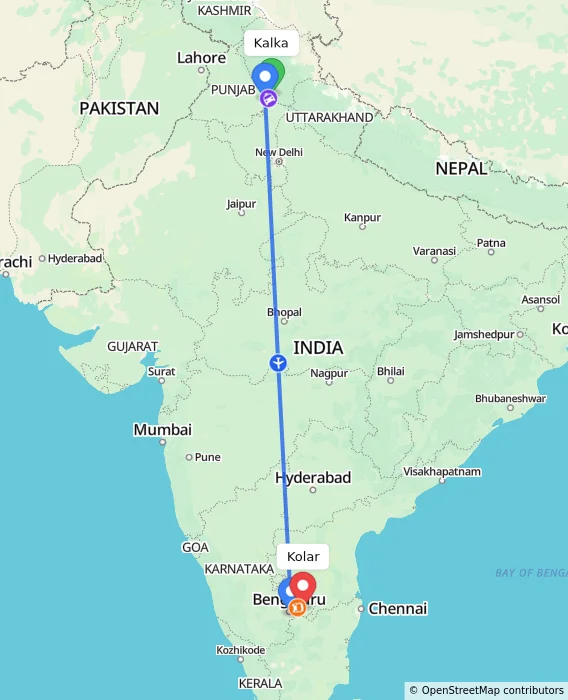 Route map showing distance and travel time from Kalka, India to Kolar, India