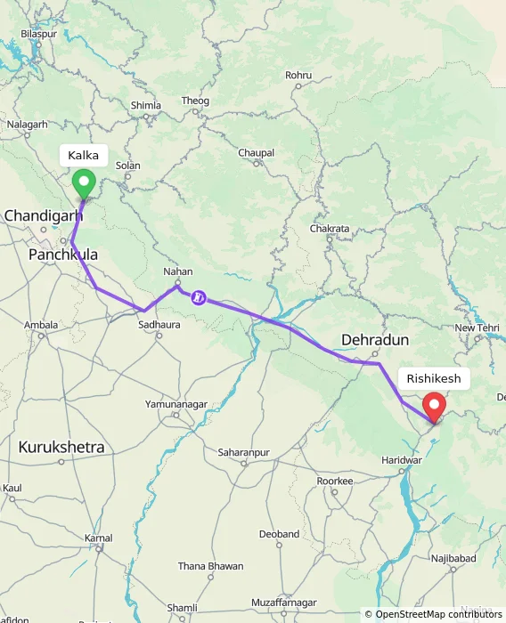 Route map showing distance and travel time from Kalka, India to Rishikesh, India