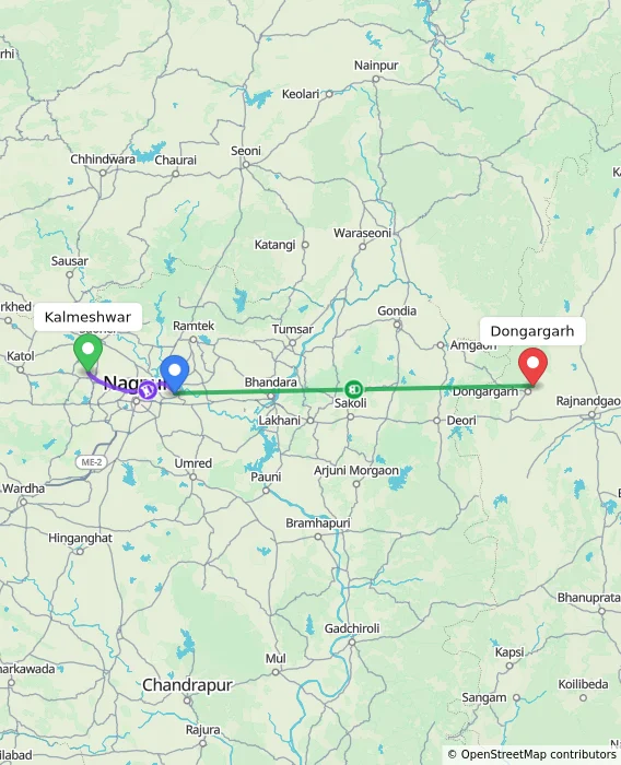 Route map showing distance and travel time from Kalmeshwar, India to Dongargarh, India