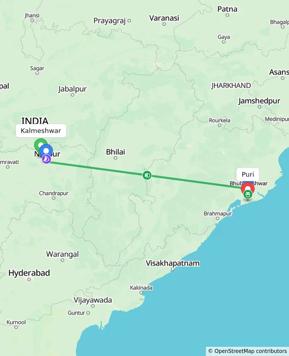 Route map showing distance and travel time from Kalmeshwar, India to Puri, India