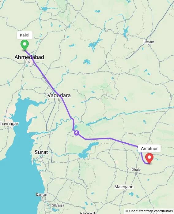 Route map showing distance and travel time from Kalol, India to Amalner, India