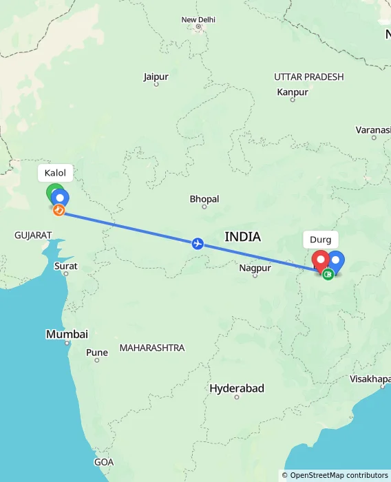 Route map showing distance and travel time from Kalol, India to Durg, India