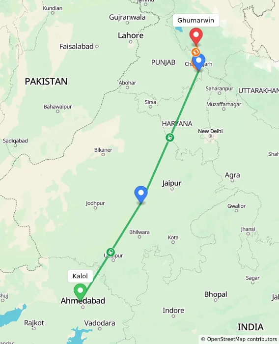 Route map showing distance and travel time from Kalol, India to Ghumarwin, India