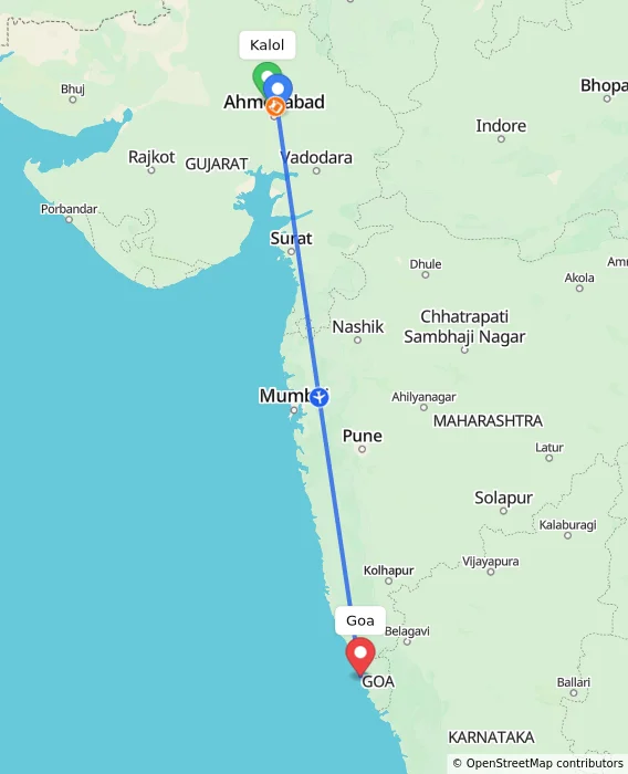Route map showing distance and travel time from Kalol, India to Goa, India