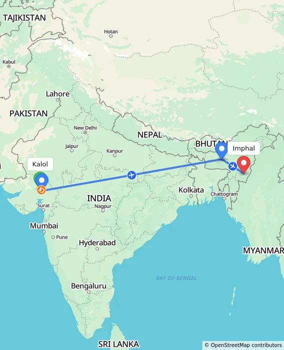 Route map showing distance and travel time from Kalol, India to Imphal, India