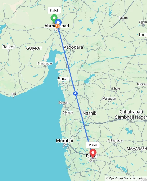 Route map showing distance and travel time from Kalol, India to Pune, India