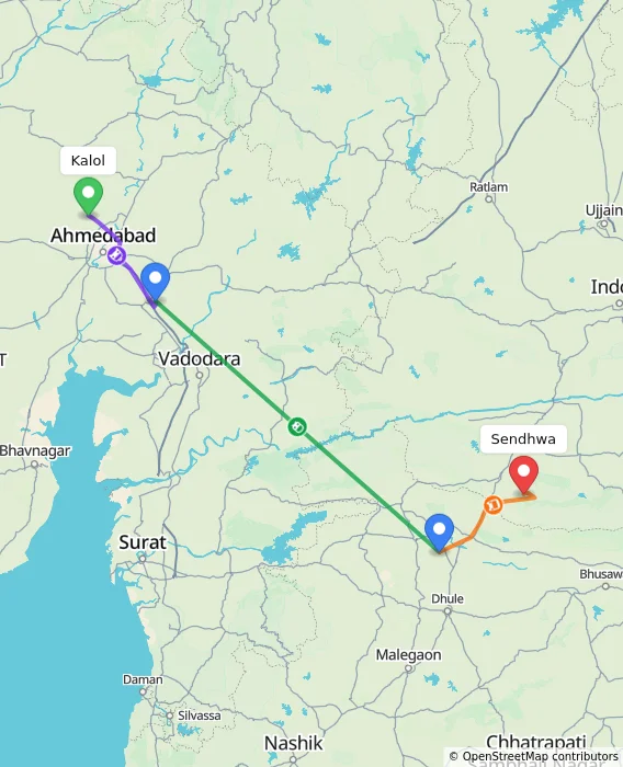 Route map showing distance and travel time from Kalol, India to Sendhwa, India