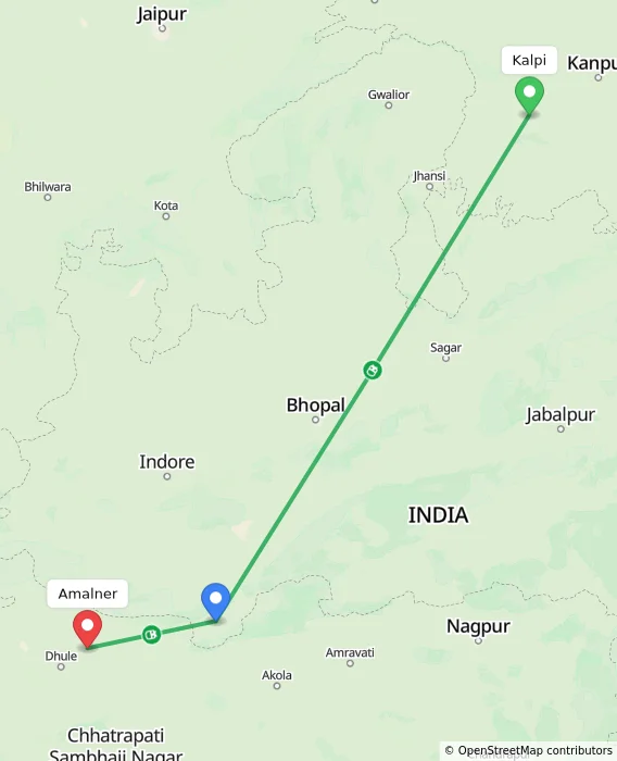 Route map showing distance and travel time from Kalpi, India to Amalner, India