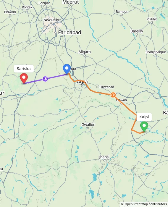 Route map showing distance and travel time from Kalpi, India to Sariska, India