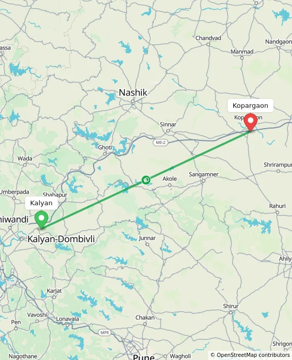 Route map showing distance and travel time from Kalyan, India to Kopargaon, India