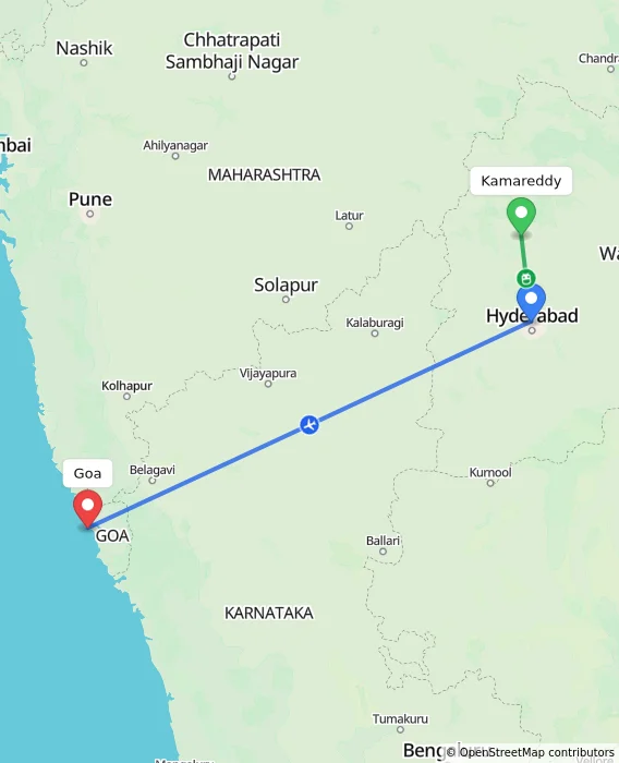 Route map showing distance and travel time from Kamareddy, India to Goa, India