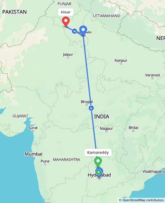 Route map showing distance and travel time from Kamareddy, India to Hisar, India