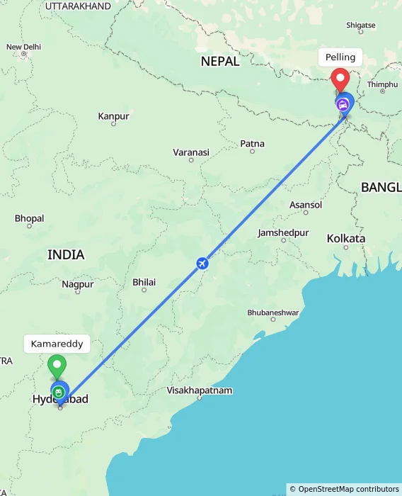Route map showing distance and travel time from Kamareddy, India to Pelling, India