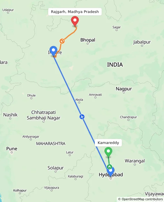 Route map showing distance and travel time from Kamareddy, India to Rajgarh, Madhya Pradesh, India