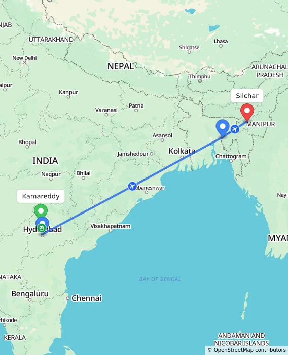 Route map showing distance and travel time from Kamareddy, India to Silchar, India