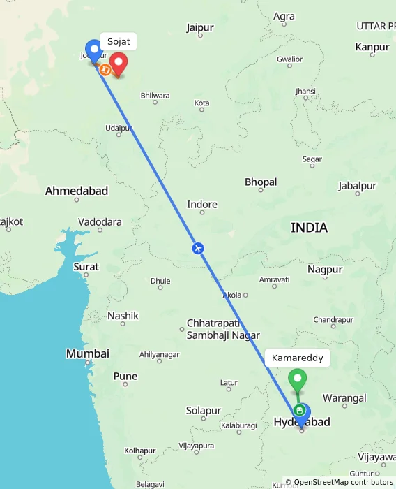 Route map showing distance and travel time from Kamareddy, India to Sojat, India