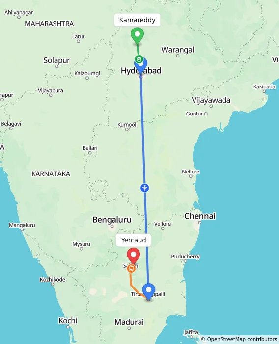 Route map showing distance and travel time from Kamareddy, India to Yercaud, India