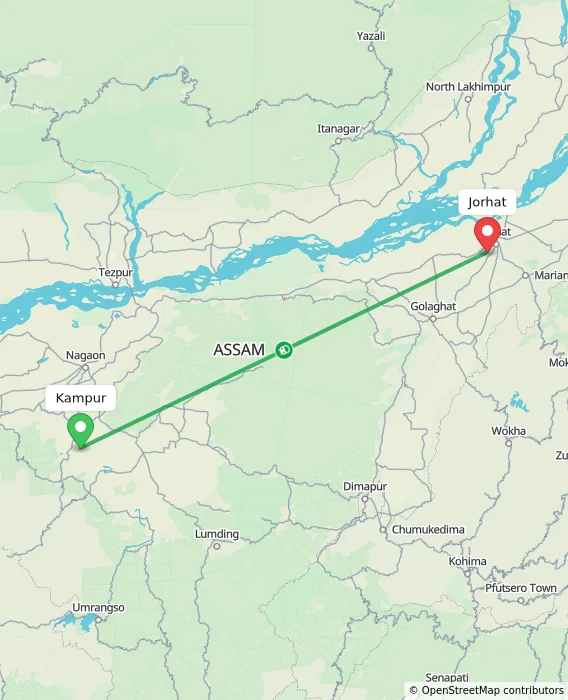 Route map showing distance and travel time from Kampur, India to Jorhat, India