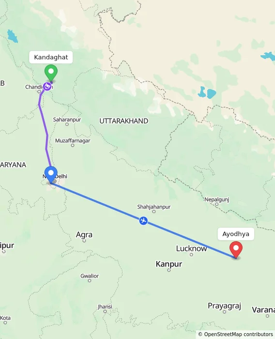 Route map showing distance and travel time from Kandaghat, India to Ayodhya, India