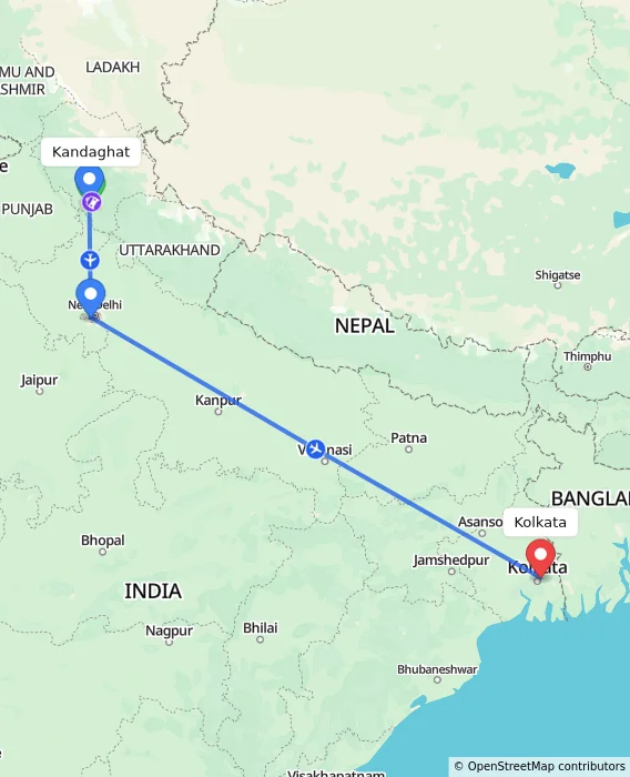 Route map showing distance and travel time from Kandaghat, India to Kolkata, India