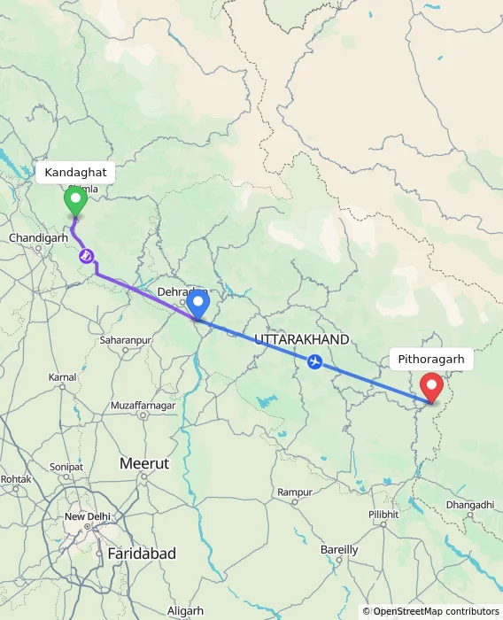 Route map showing distance and travel time from Kandaghat, India to Pithoragarh, India