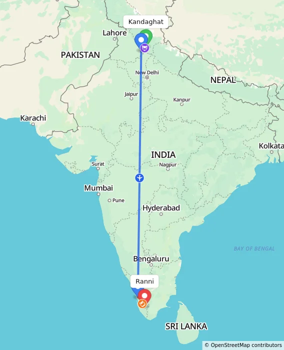 Route map showing distance and travel time from Kandaghat, India to Ranni, India