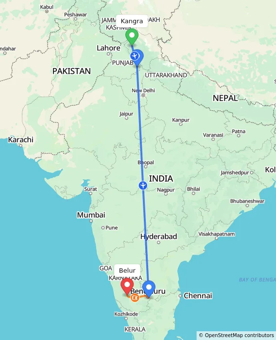 Route map showing distance and travel time from Kangra, India to Belur, India