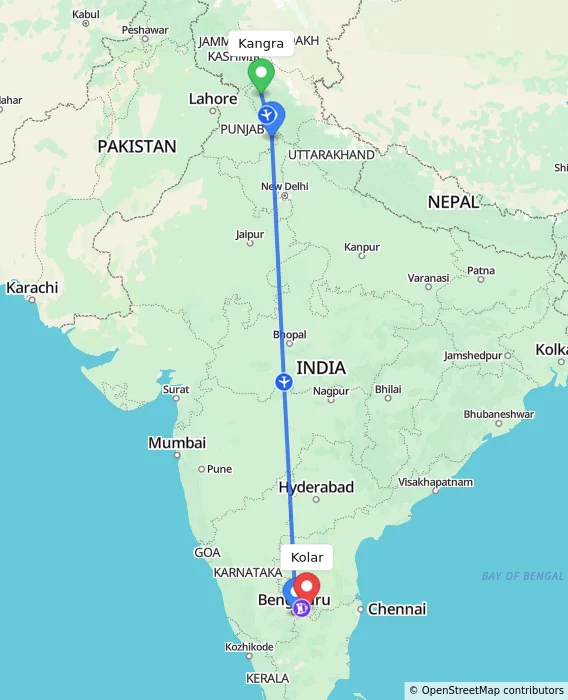 Route map showing distance and travel time from Kangra, India to Kolar, India