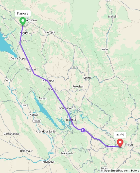 Route map showing distance and travel time from Kangra, India to Kufri, India