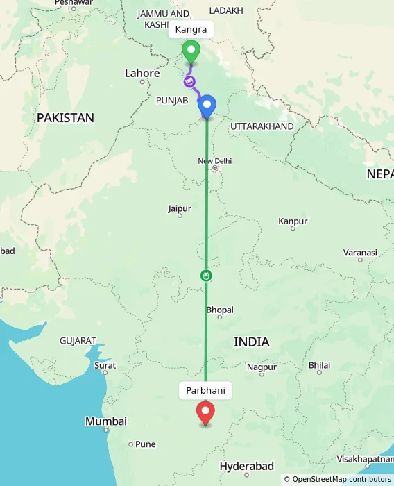 Route map showing distance and travel time from Kangra, India to Parbhani, India
