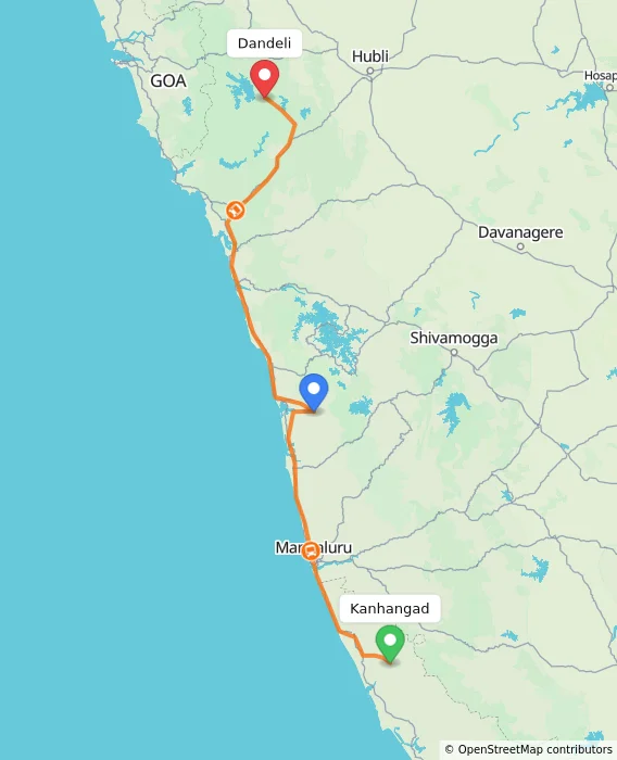Route map showing distance and travel time from Kanhangad, India to Dandeli, India