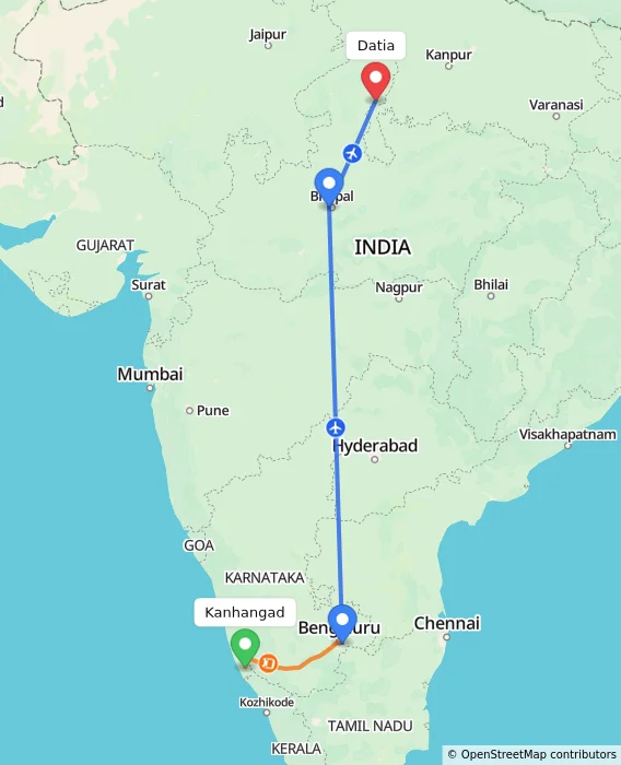 Route map showing distance and travel time from Kanhangad, India to Datia, India