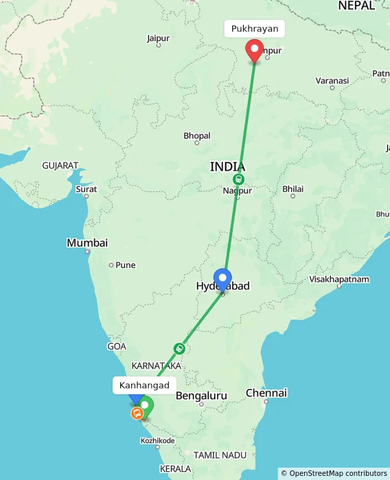 Route map showing distance and travel time from Kanhangad, India to Pukhrayan, India