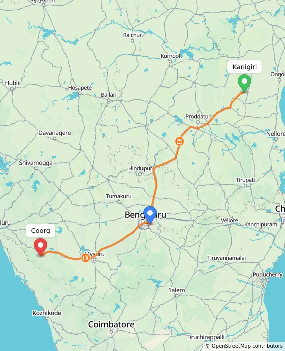 Route map showing distance and travel time from Kanigiri, India to Coorg, India