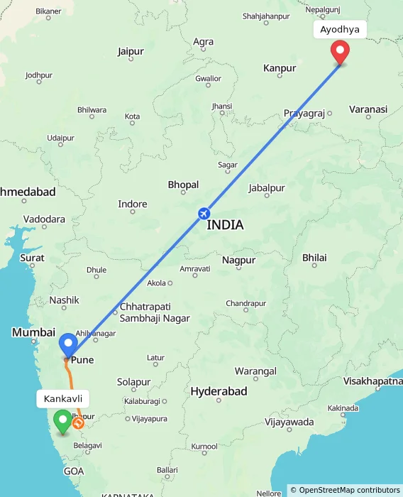 Route map showing distance and travel time from Kankavli, India to Ayodhya, India