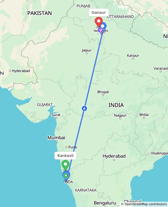 Route map showing distance and travel time from Kankavli, India to Ganaur, India