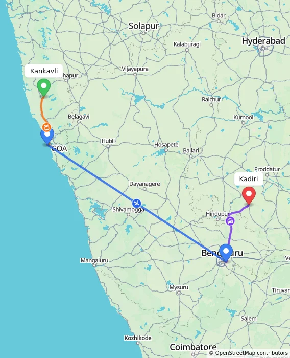 Route map showing distance and travel time from Kankavli, India to Kadiri, India