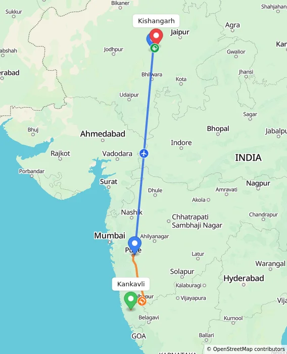 Route map showing distance and travel time from Kankavli, India to Kishangarh, India