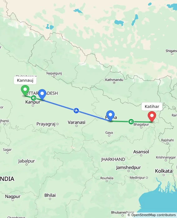 Route map showing distance and travel time from Kannauj, India to Katihar, India
