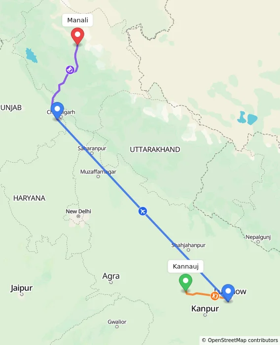 Route map showing distance and travel time from Kannauj, India to Manali, India