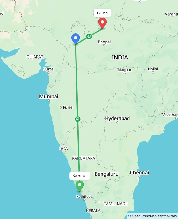 Route map showing distance and travel time from Kannur, India to Guna, India