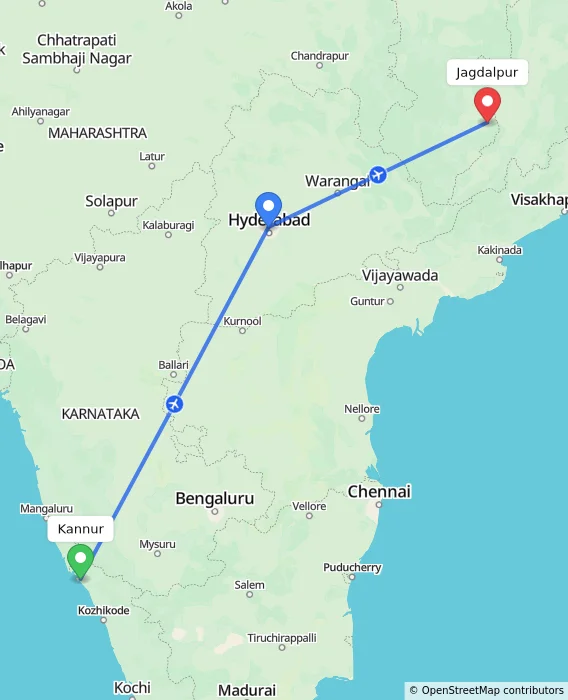 Route map showing distance and travel time from Kannur, India to Jagdalpur, India