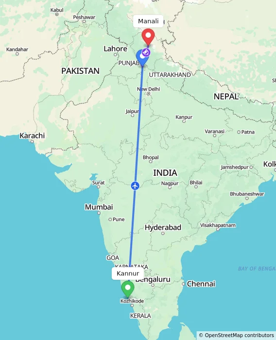 Route map showing distance and travel time from Kannur, India to Manali, India
