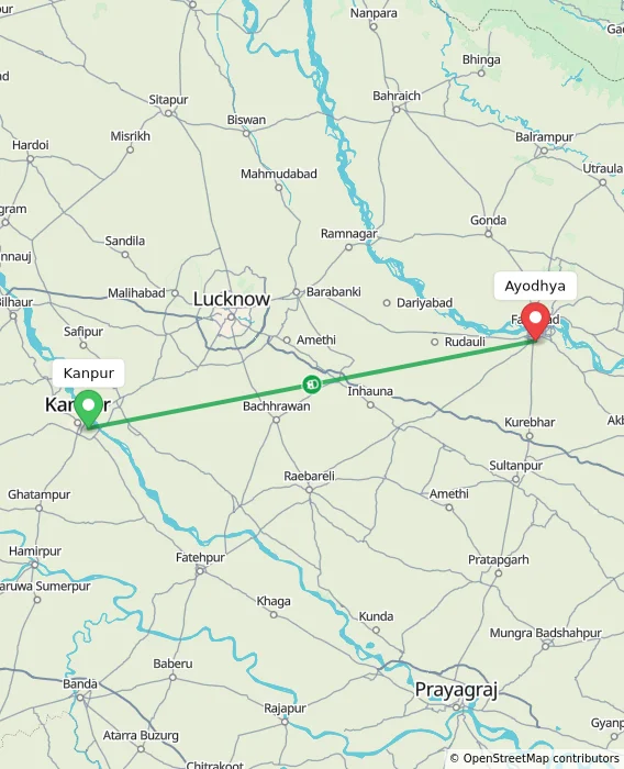 Route map showing distance and travel time from Kanpur, India to Ayodhya, India