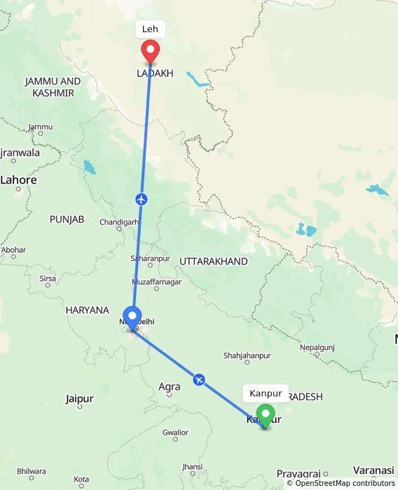 Route map showing distance and travel time from Kanpur, India to Leh, India