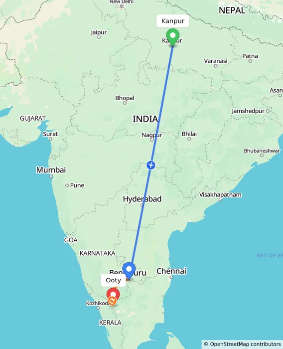 Route map showing distance and travel time from Kanpur, India to Ooty, India