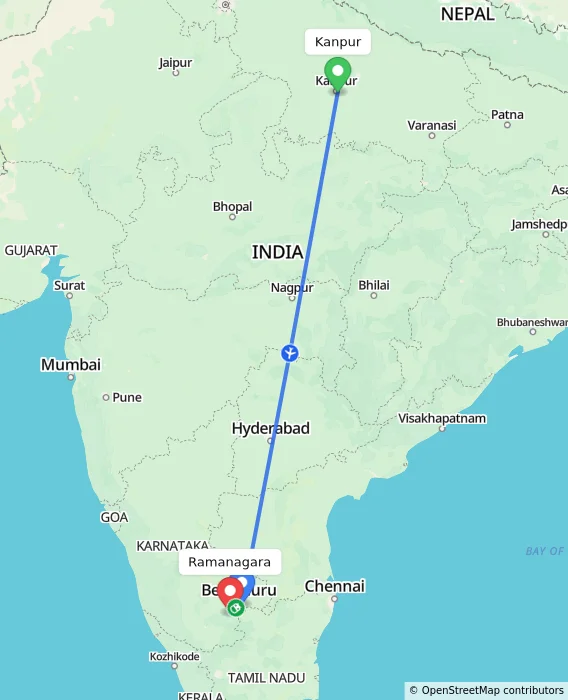 Route map showing distance and travel time from Kanpur, India to Ramanagara, India